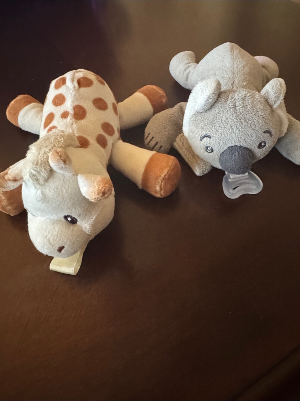 Plush Giraffe and Koala Pacifier Holders- Gray and Cream/Brown